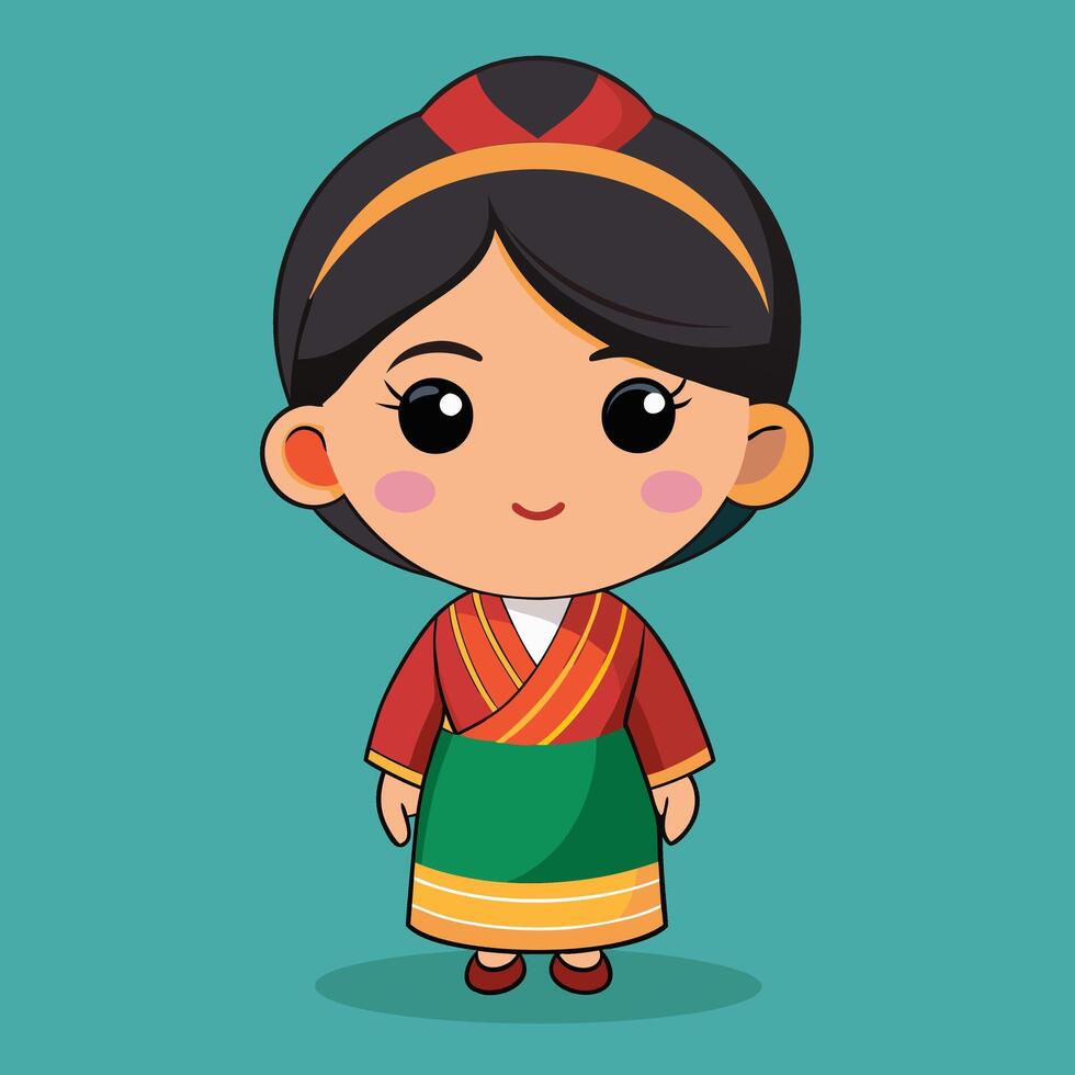 Adorable Bhutanese Girl in Traditional Kira. A Charming Cartoon Illustration vector