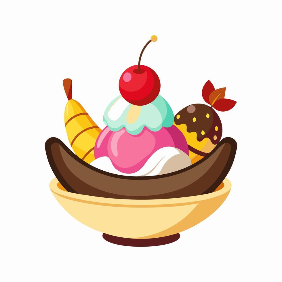 A Delicious Banana Split. A Sweet and Creamy Dessert vector