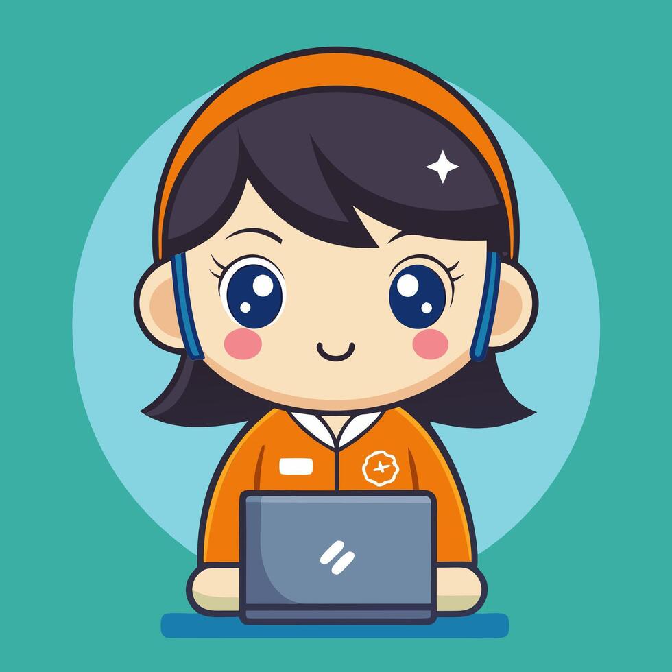 Smiling Girl with Headset using Laptop. Customer Support Cartoon vector