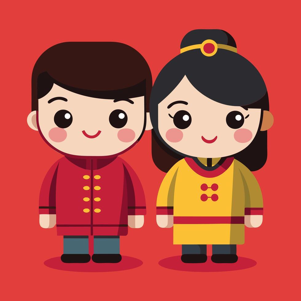 Adorable Cartoon Chinese Couple in Traditional Clothing vector