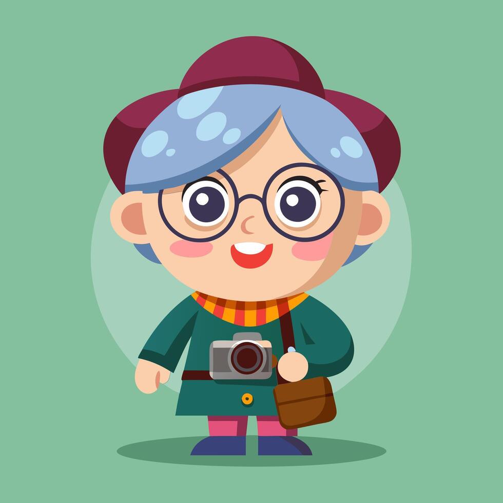 An old woman with glasses and a camera vector