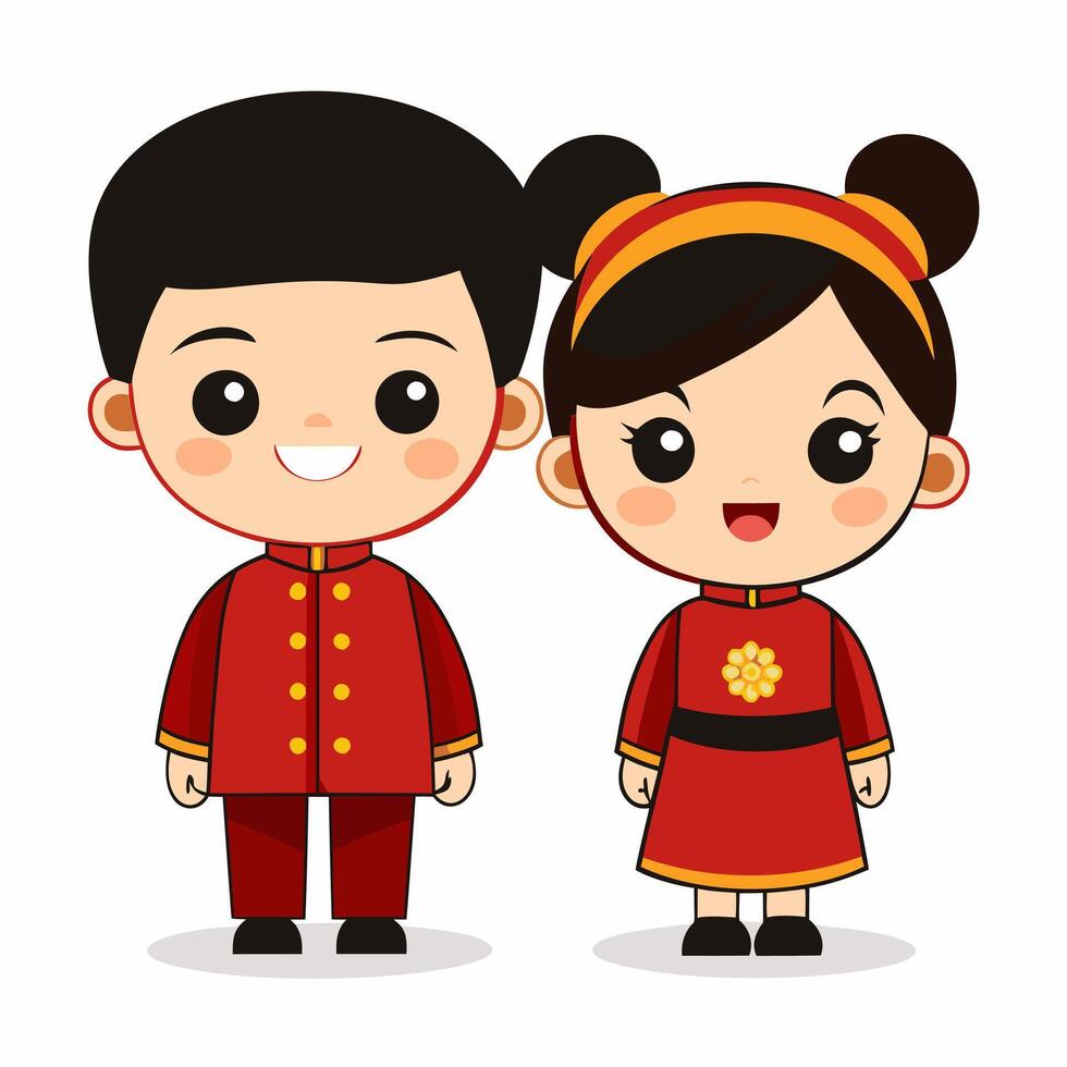 Adorable Cartoon Chinese Children in Traditional Clothing vector