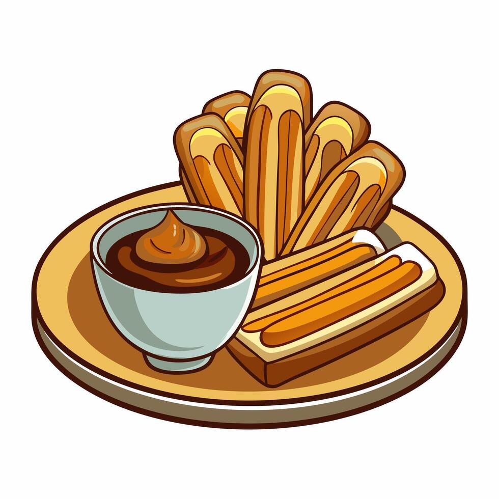 Churros with Chocolate Sauce. A Delicious Spanish Dessert vector