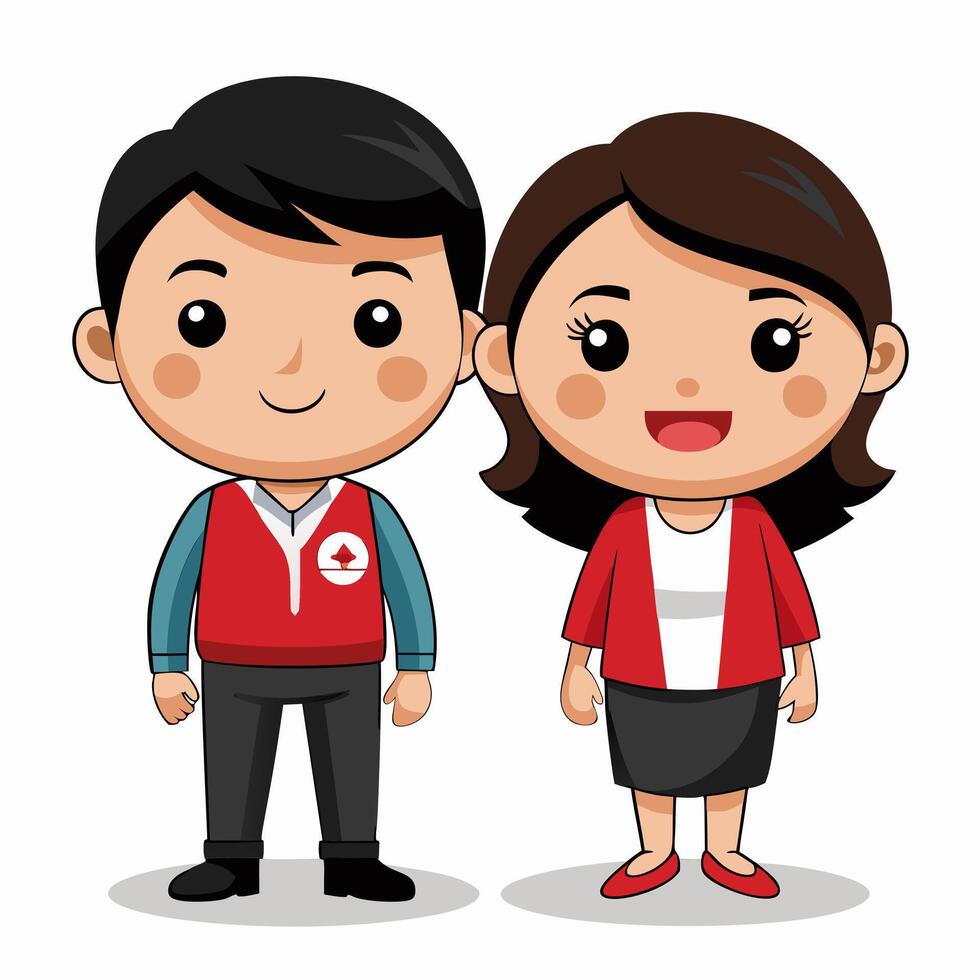 Adorable Cartoon Couple in Red Uniforms. A Sweet Illustration vector