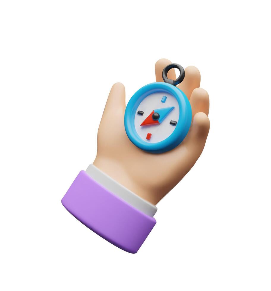 3d holding compass in hand. Three-dimensional illustration about travelling. Human gesture about discovery or exploration the world. Palm with fingers and thumb. Arm with cartography icon vector