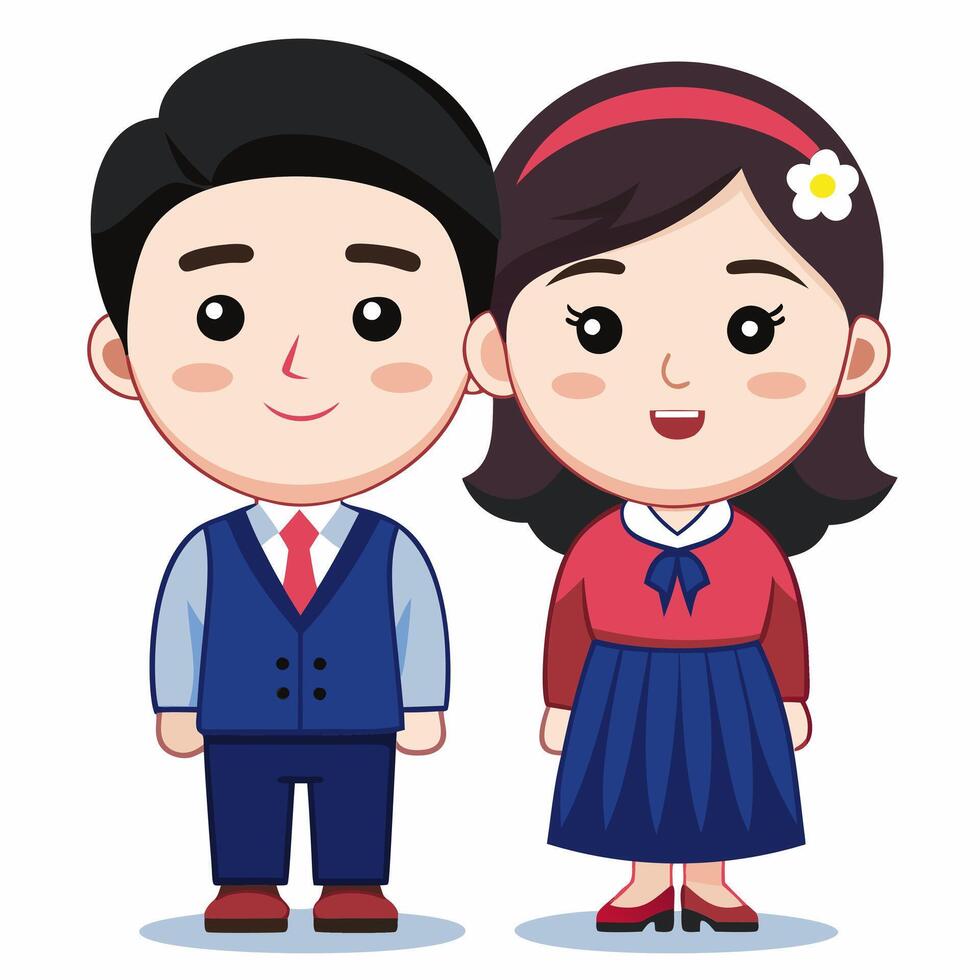 Adorable Cartoon Korean Couple in Traditional Hanbok vector