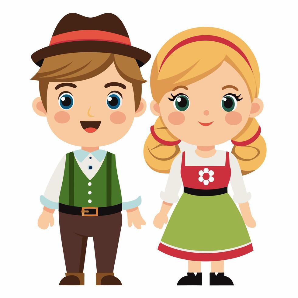 Adorable Cartoon Bavarian Children in Traditional Costumes vector