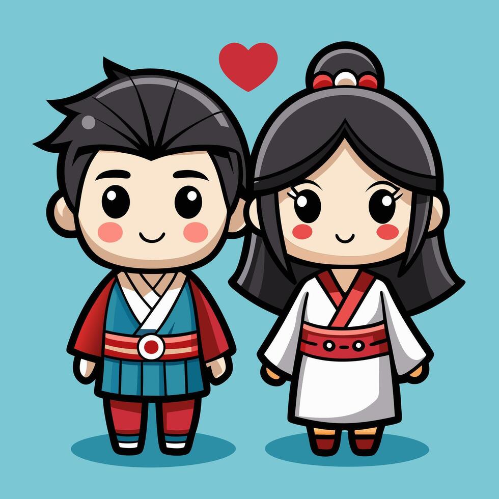 Adorable Anime Couple in Traditional Asian Clothing vector