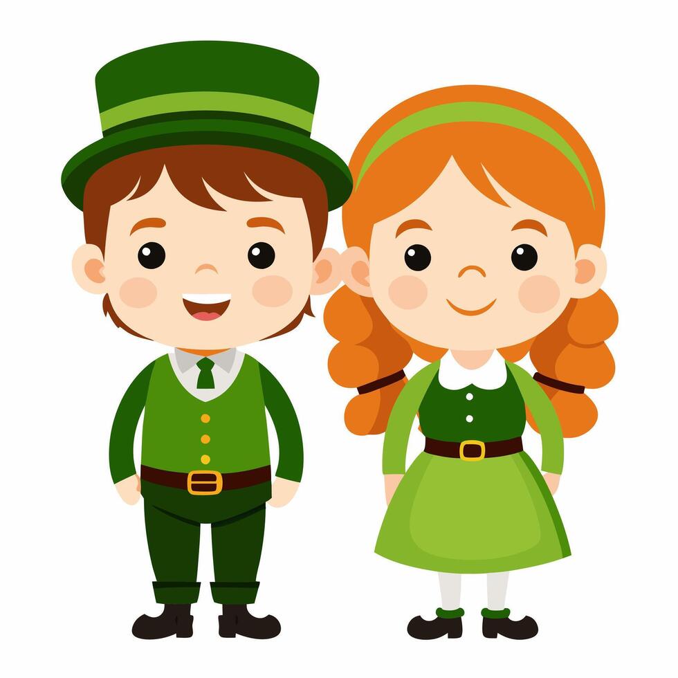 St patrick's day cartoon boy and girl in green clothes vector