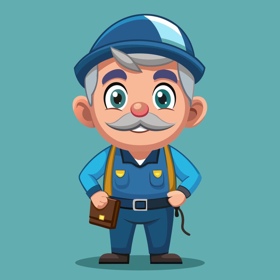 Smiling Cartoon Senior Worker. Man in Blue Uniform. Happy Person Illustration vector