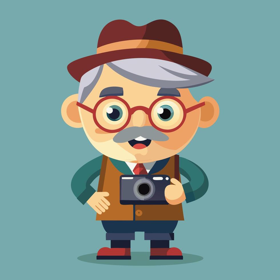 Happy Elderly Photographer with Camera. Cartoon Illustration vector