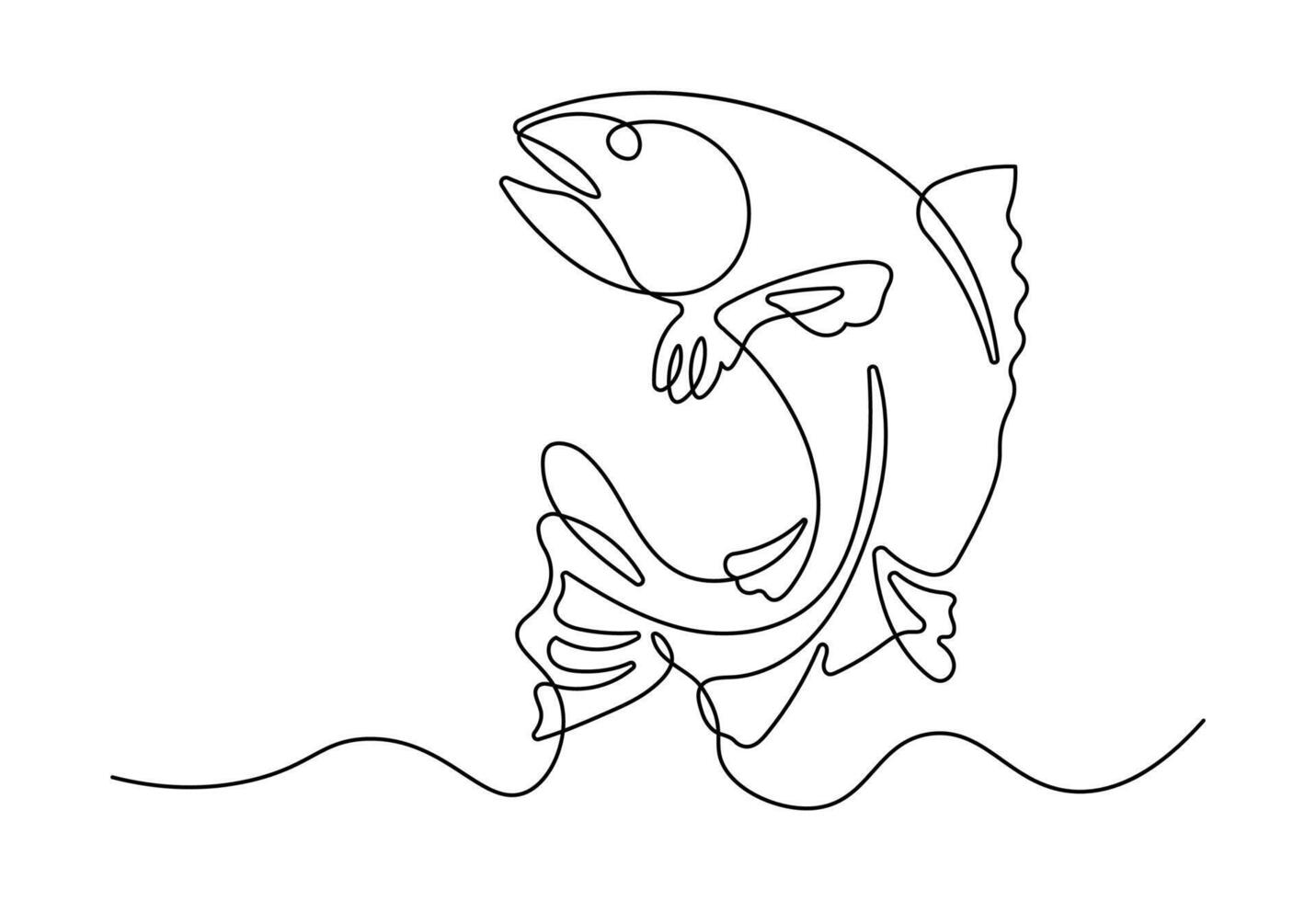 Salmon jumping one line drawing on a white isolated background. Minimalist black line sketch of happy family isolated on white background. vector
