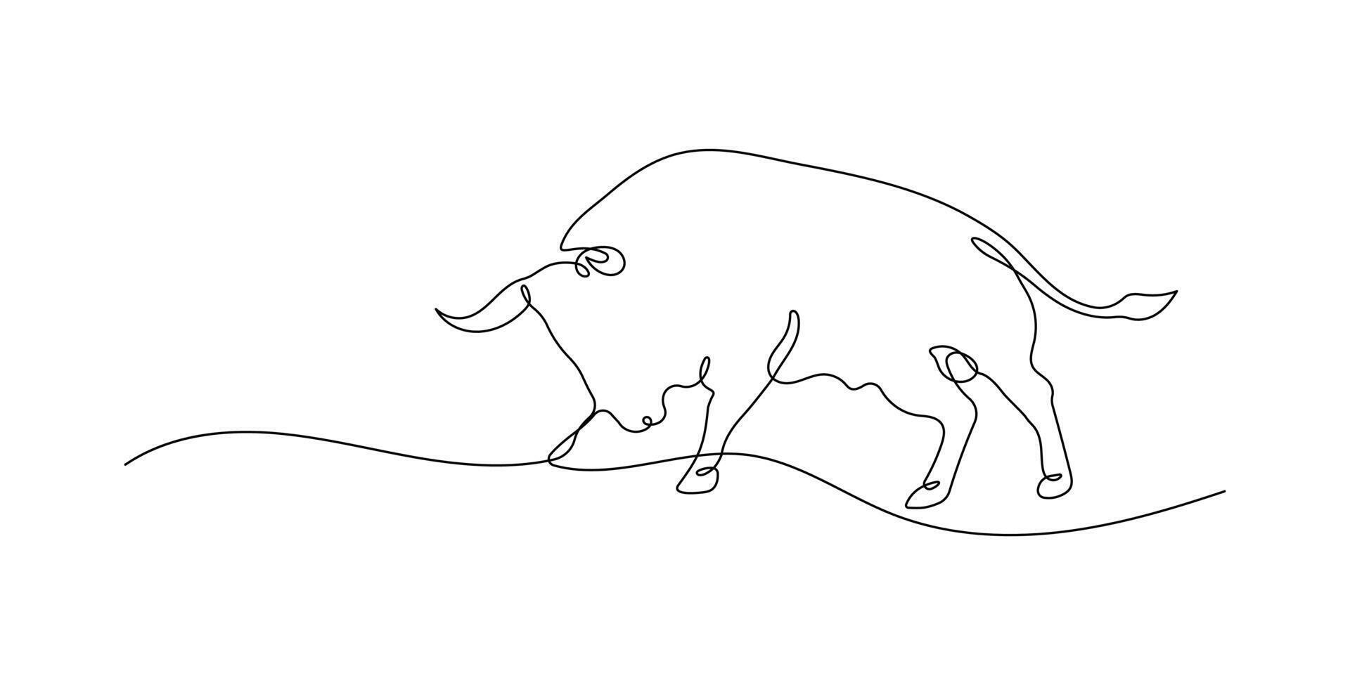 Bull animal continuous one line drawing on a white isolated background. vector