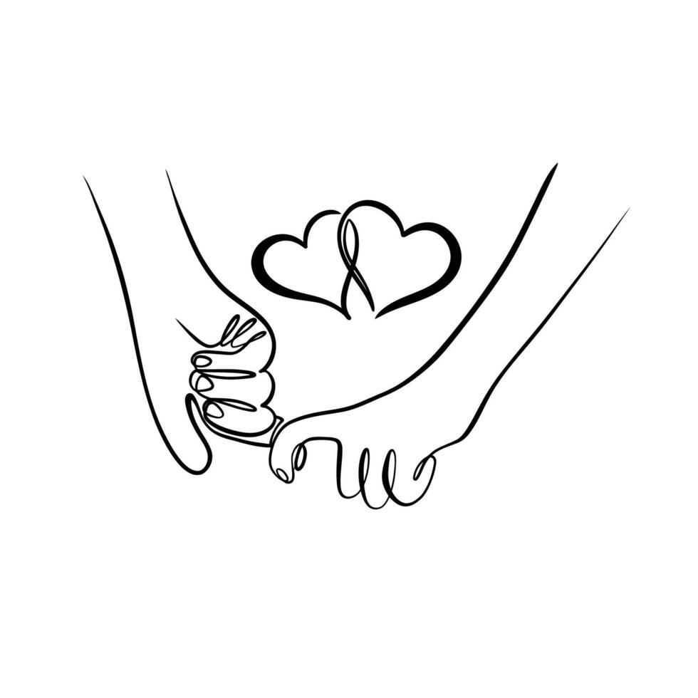 Couple Hands Holding, One Line Drawing On Isolated White Background vector