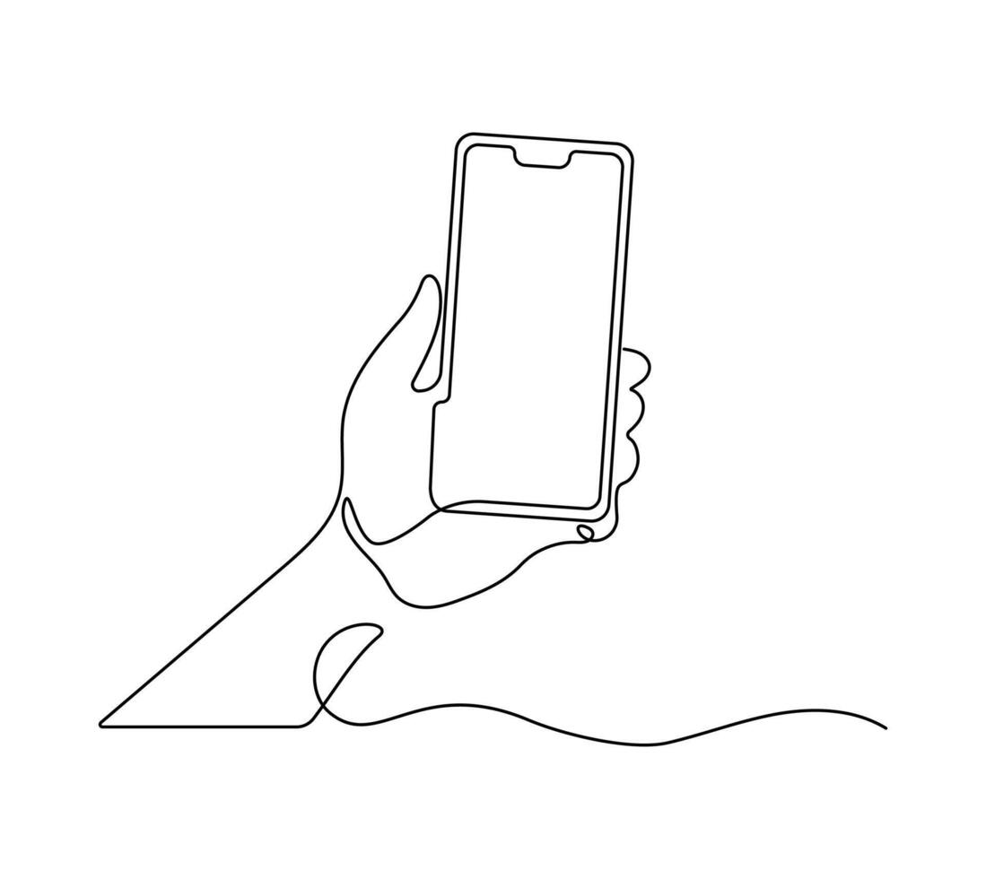 Continuous one line drawing of hand holding mobile phone isolated on white background.. vector