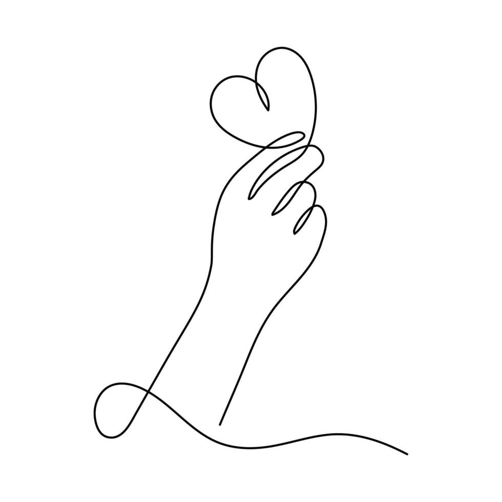 One continuous single line drawing of hand. Heart and love sign romantic symbol in simple linear style. vector