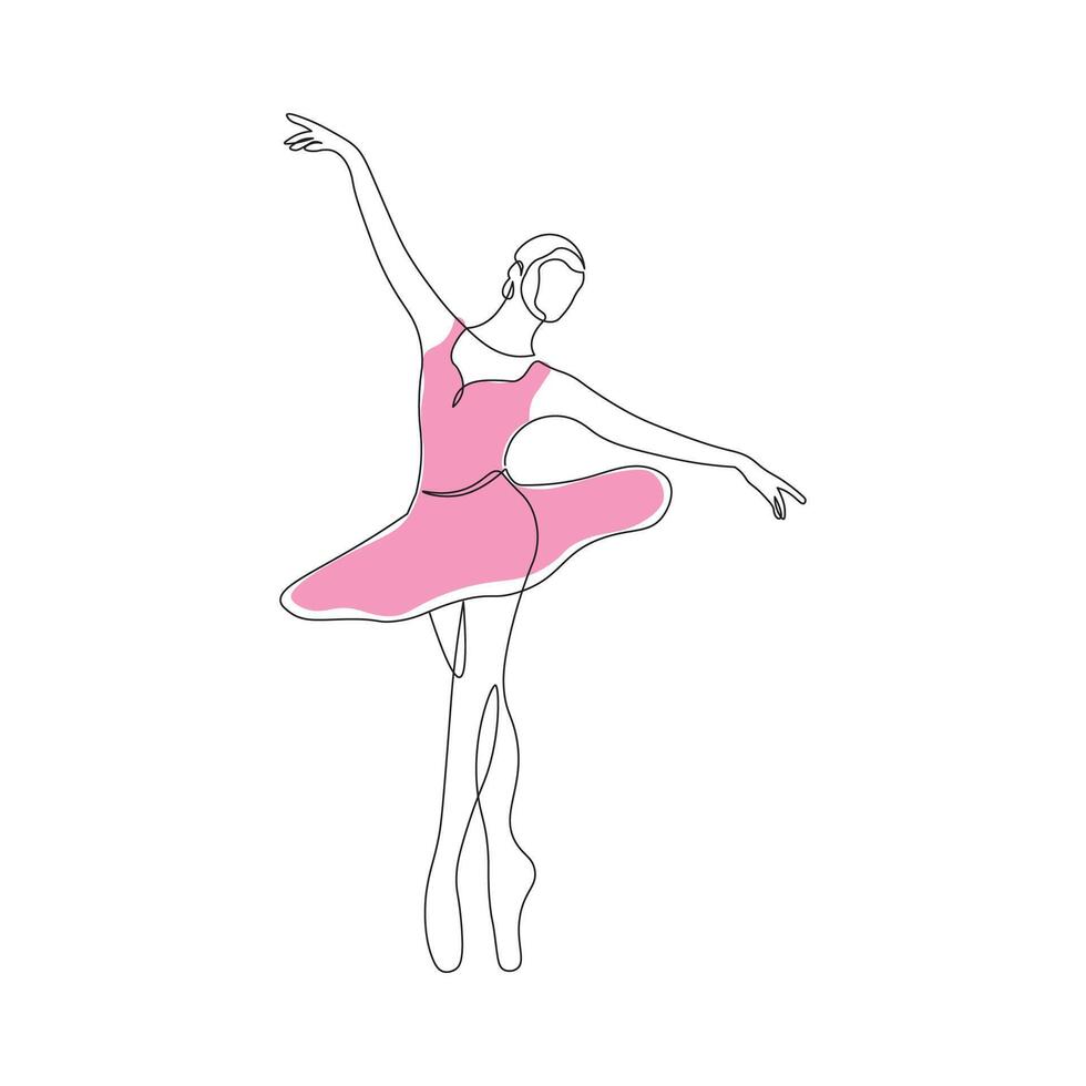 Ballet dancer wearing pink dress in continuous line drawing style. Sketch of female dancer in minimalist black linear isolated on white background. vector