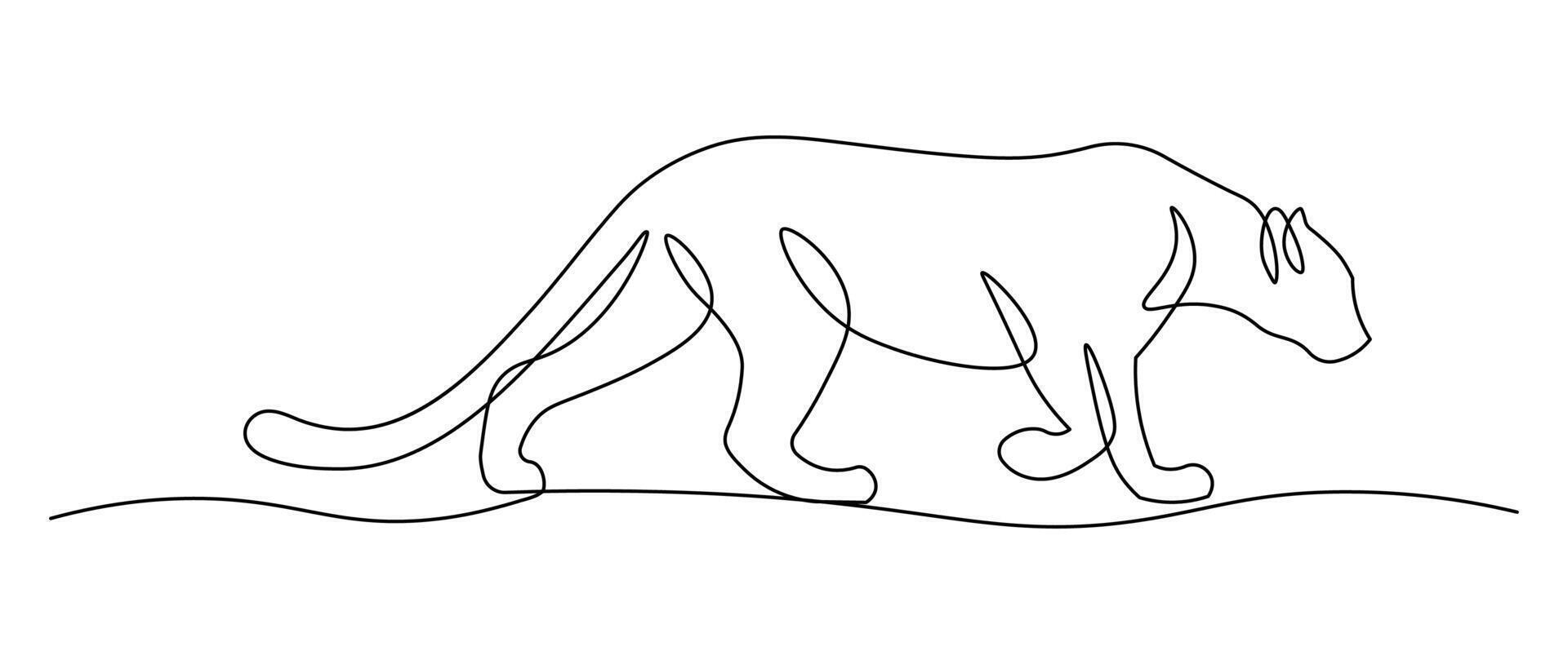 Jumping Panther, Jaguar, Tiger one continuous line sketch in isolated white background vector