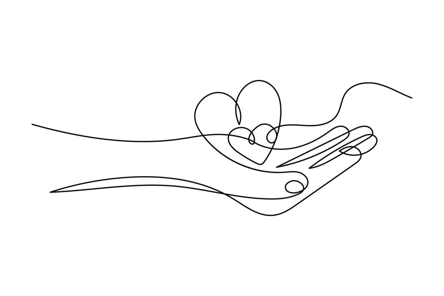 One continuous single line drawing of hand. Heart and love sign romantic symbol in simple linear style... vector