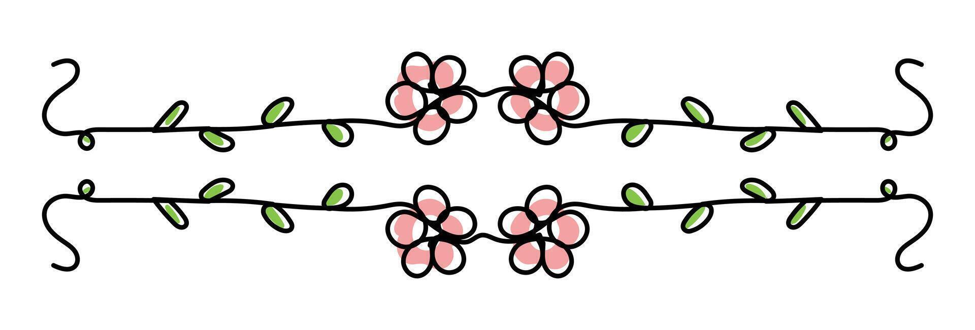 Beautiful Hand Drawn Flower and Leaves Border. Modern Minimalist Line Art with Abstract Shapes in Pink and Green Colors vector