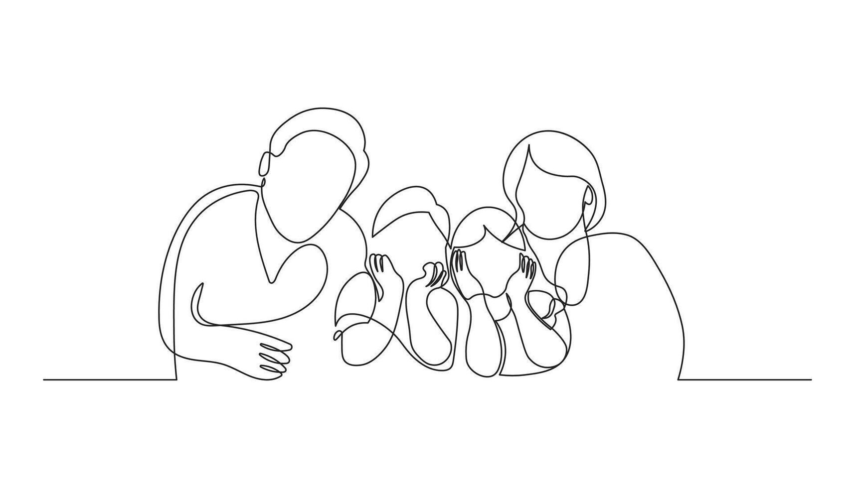 Happy family with two children in continuous line drawing style. United family portrait of parents with their daughter and son black linear sketch isolated on white background vector