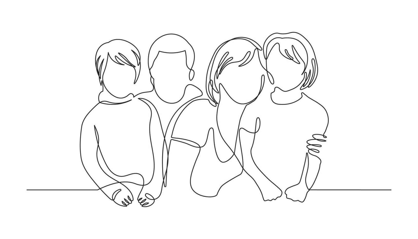 Happy family in continuous line drawing style. United family portrait of parents and their daughter and son, black linear sketch isolated on white background. vector
