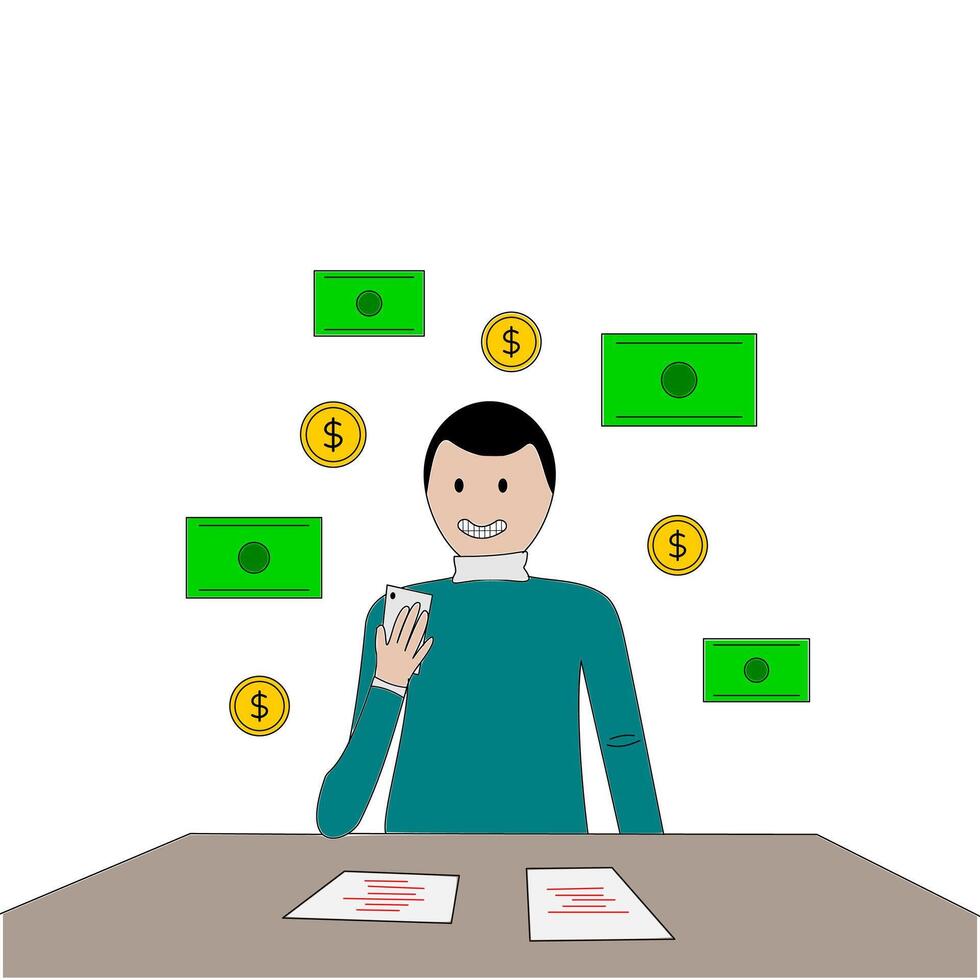 person analyzing financial documents with currency symbols illustrating investment concepts. vector
