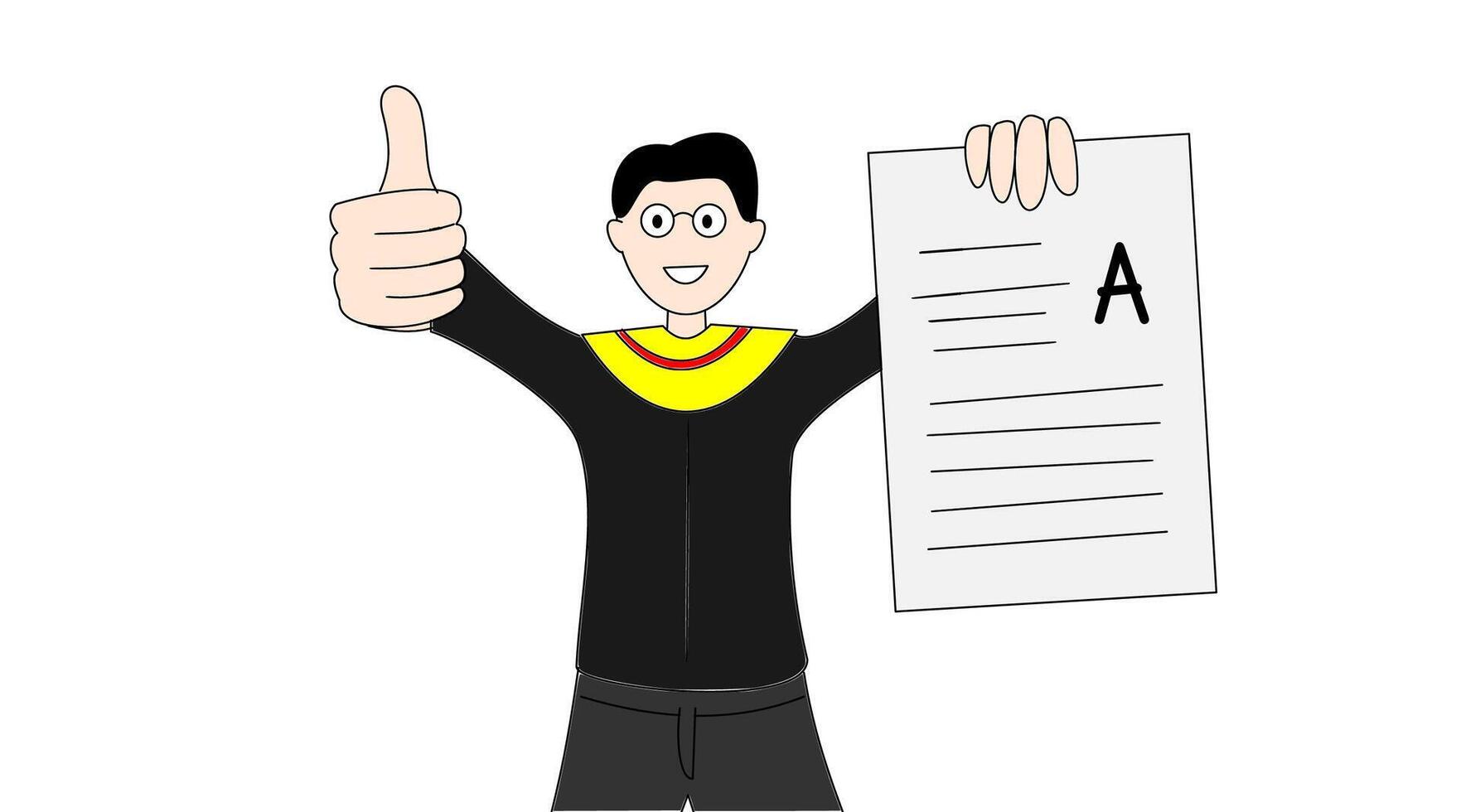 student celebrates an A grade with a thumbs up and a report card. vector