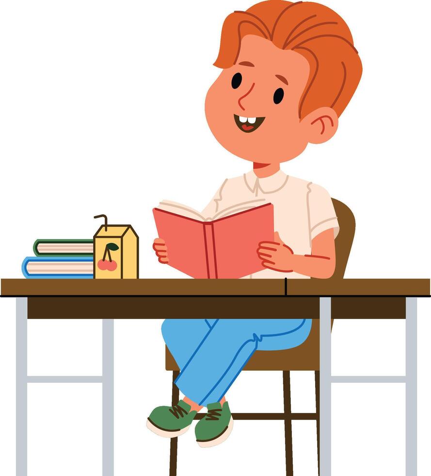 Happy Boy Reading Book at Desk vector