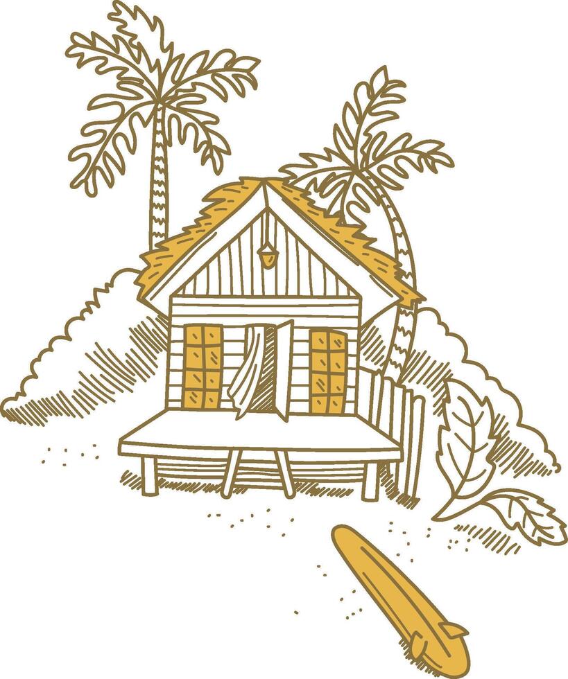 Tropical Beach Hut with Surf board vector