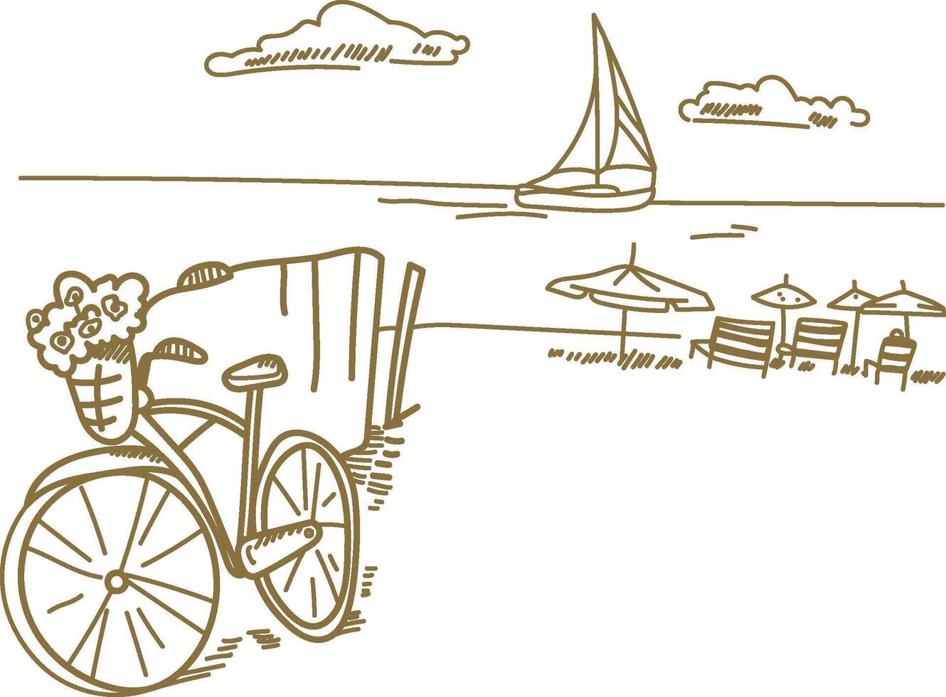 Beach Scene with Bicycle and Sailboat vector