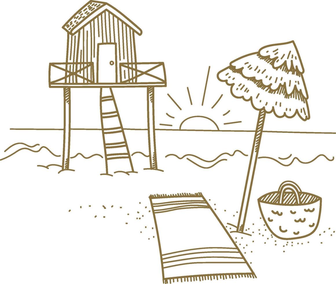 Beach Scene with Hut and Palm vector