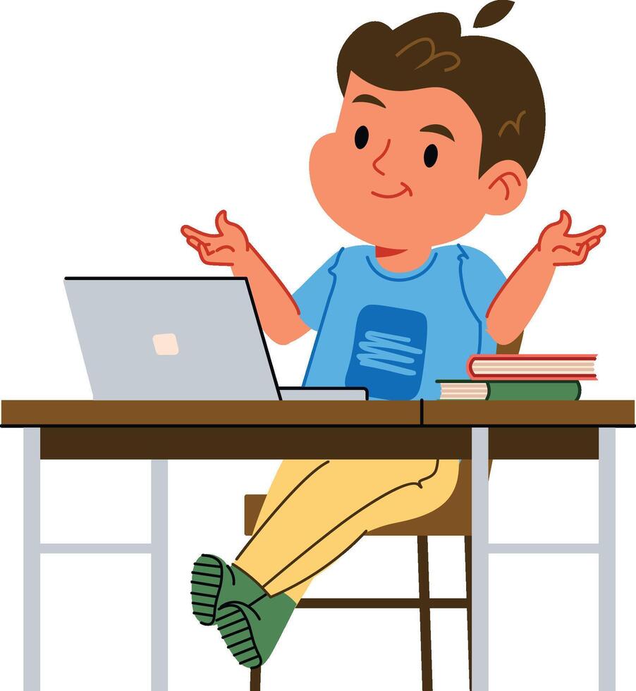 Boy Studying at Desk With Laptop and Books vector