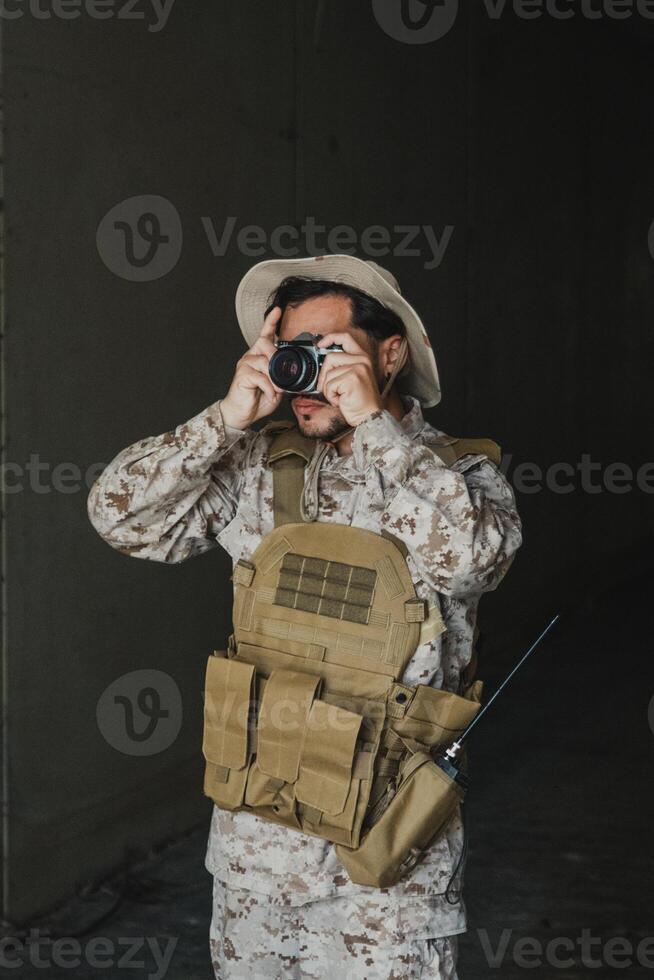 Soldier Taking Photos With A Vintage Camera While On A Mission
