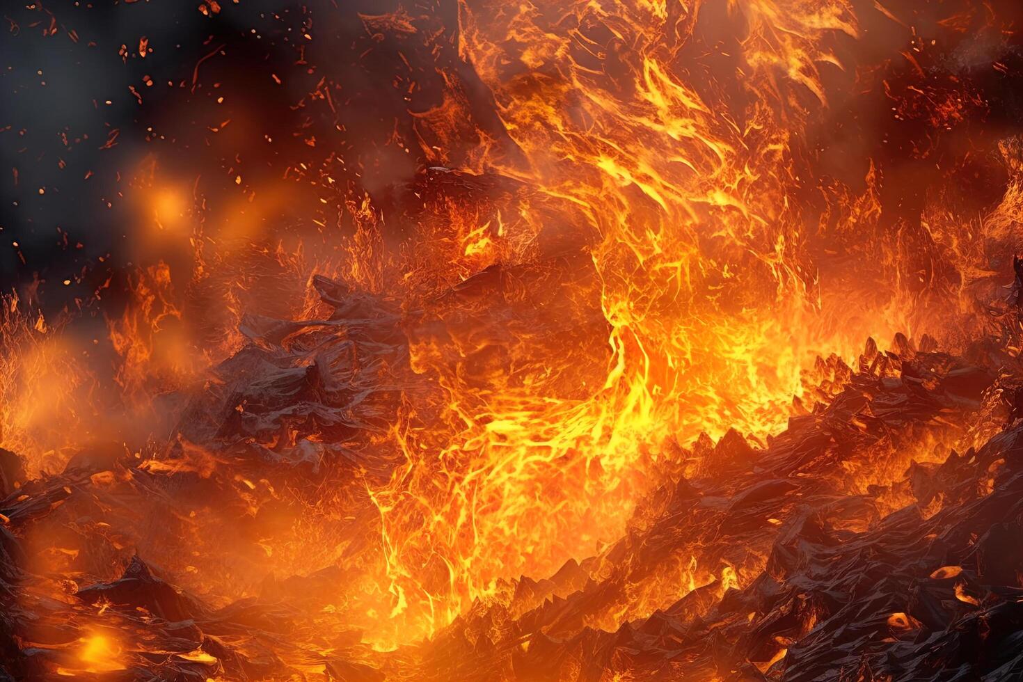 A large fire is burning in the middle of the night photo