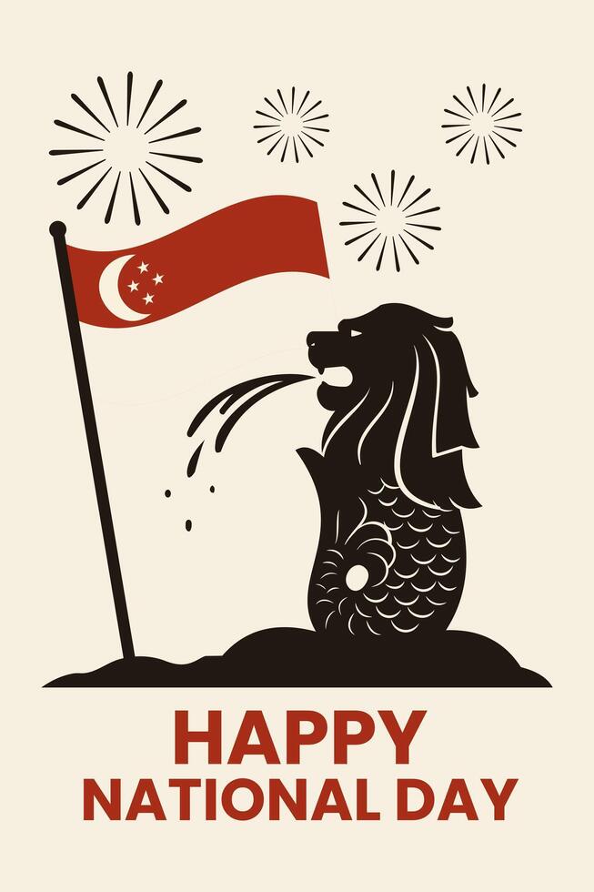 Happy Singapore National Day with Merlion and Flag vector