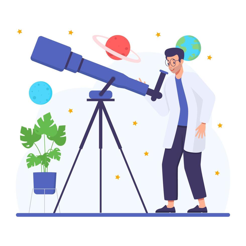 Astronomer Scientist Character Looking Through Telescope vector