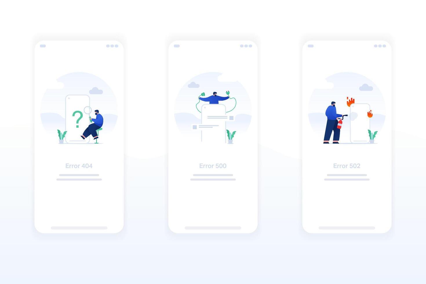 Polished error page designs 404 not found, 500 internal error, 502 bad gateway in flat style. vector
