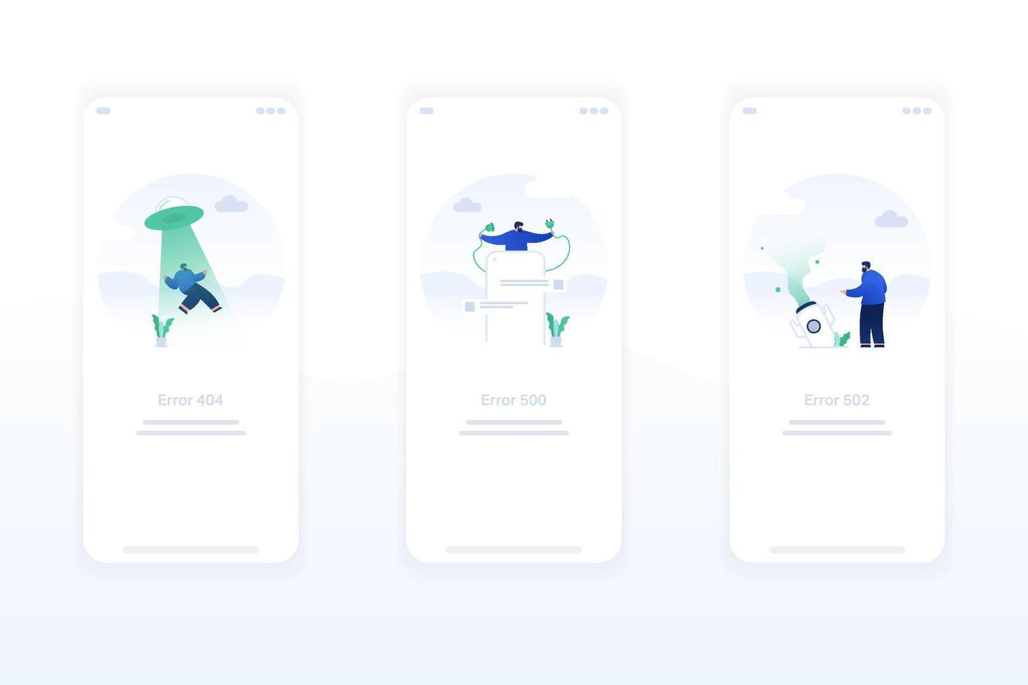 Illustration of error screens, handling exceptions, empty states. page not found 404, internal server error 500, bad gateway 502. Modern flat design concept ui ux. vector