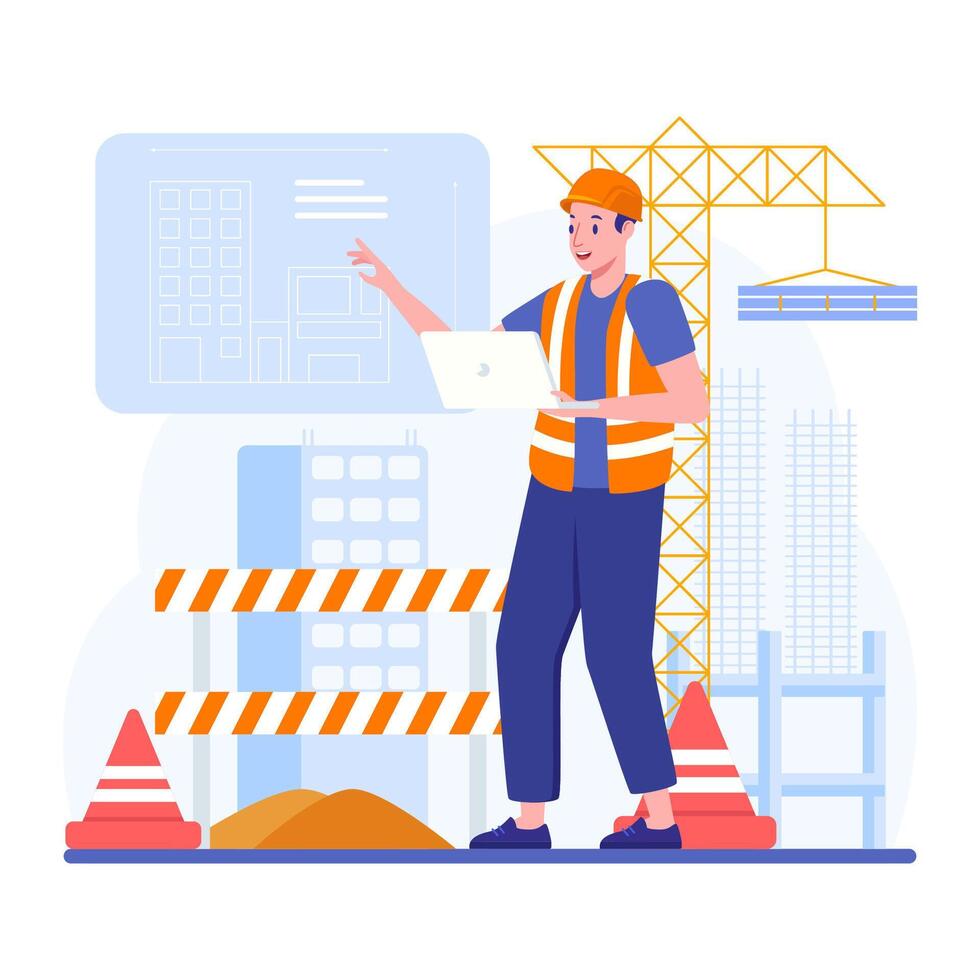 Construction Engineer Working On Building Project With Laptop vector