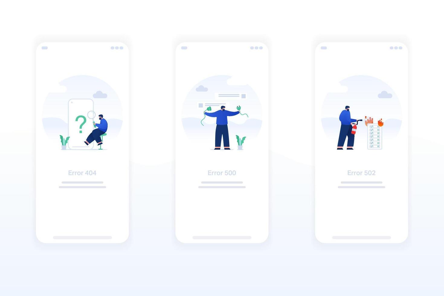 Modern flat style illustrations for 404, 500, 502 errors and empty state ideal for sleek UI UX designs. vector