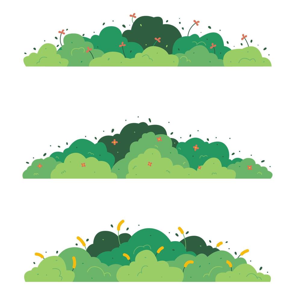 Three sets of green bushes with flowers in the foreground. The bushes are tall and green, and the flowers are scattered throughout the scene vector