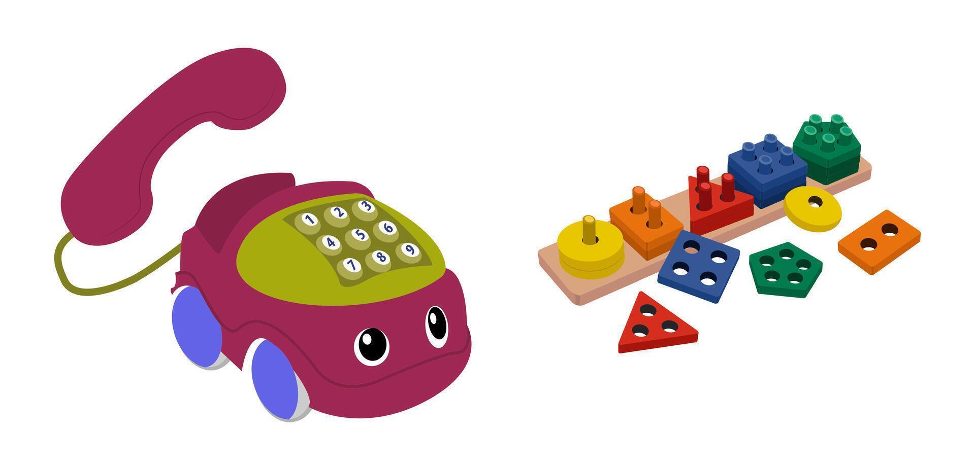 Illustrations of preschool learning toys, including a cute vintage toy telephone with eyes and a geometric pegboard puzzle vector