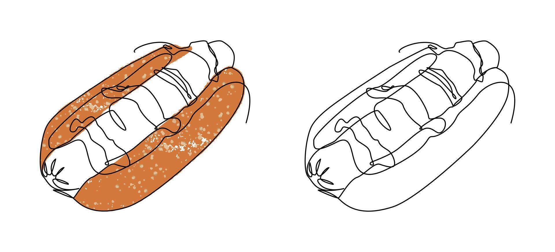 Hand drawn continuous line illustration of a hot dog with sausage, bun and sauce. Available in outline and colored versions. Minimalist food art suitable for restaurant menus etc. vector
