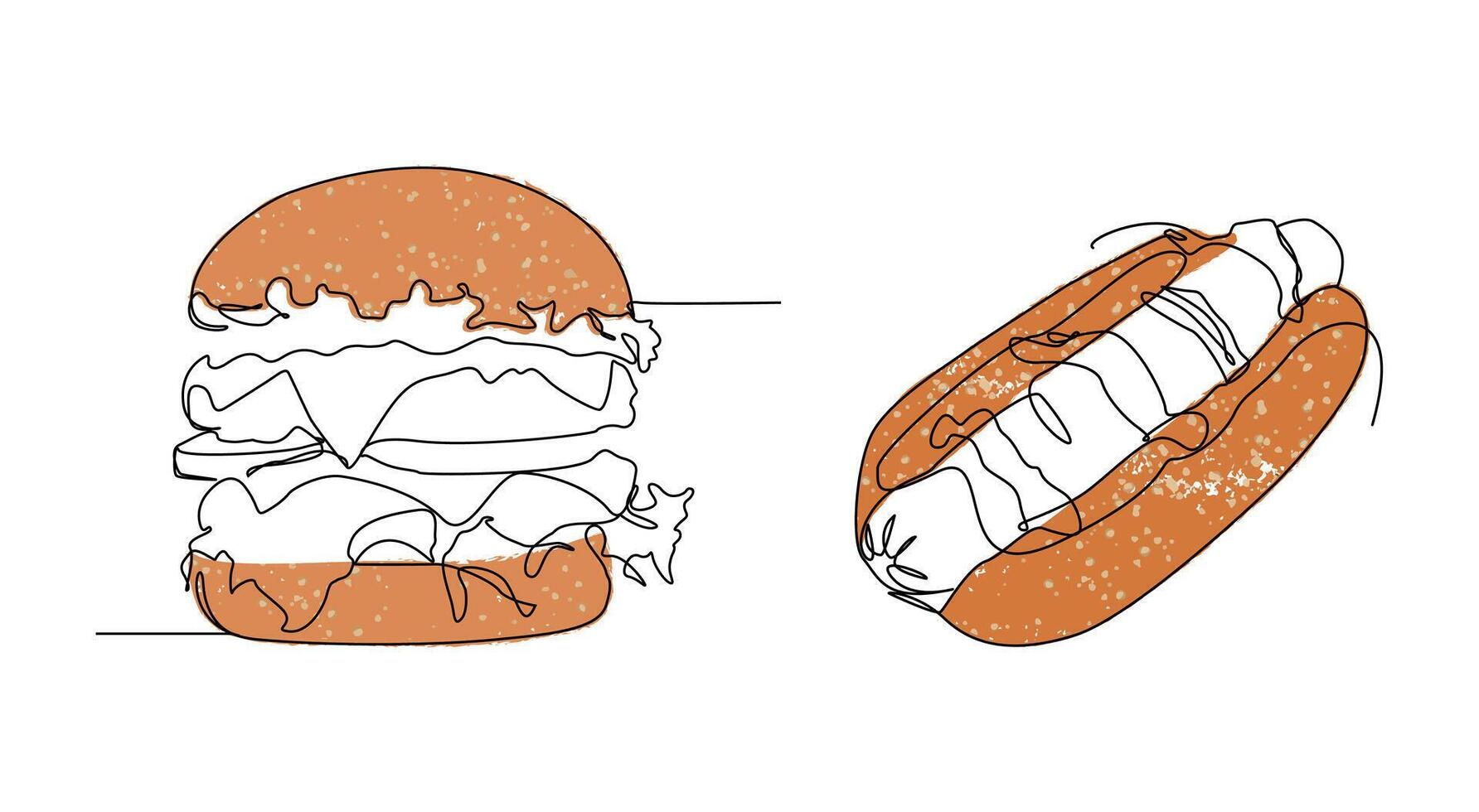 Minimalist hand drawn illustration of hamburger and hotdog in continuous line drawing style, with textured buns and simple coloring. vector