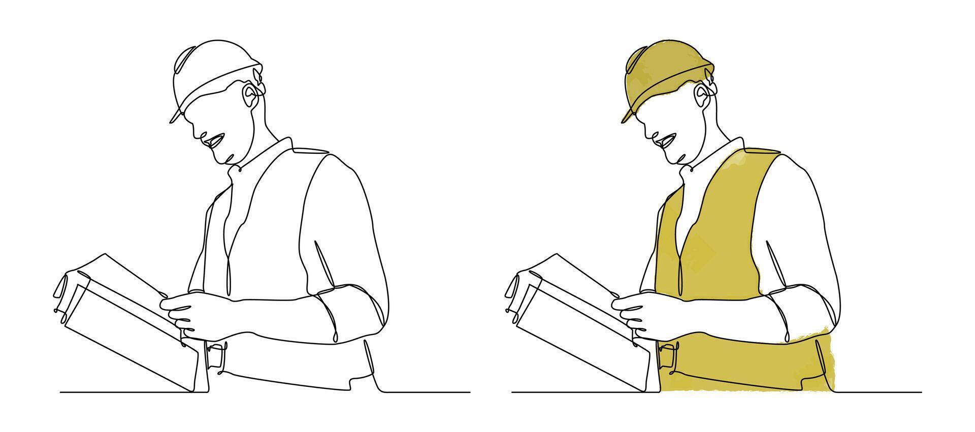 Minimalist one line drawing of a construction worker or engineer wearing a hard hat and holding a blueprint. for architectural firms, construction industry branding, etc. vector
