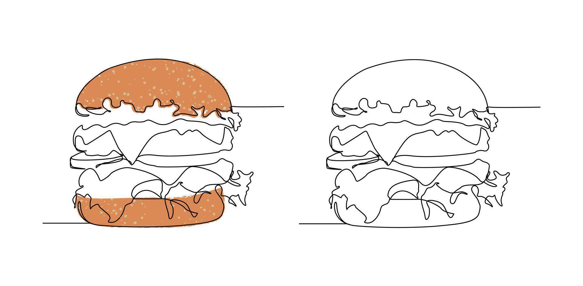 Minimalist continuous line art set of hamburger illustrations. Perfect for restaurant branding, fast food menus, culinary blogs, etc. vector