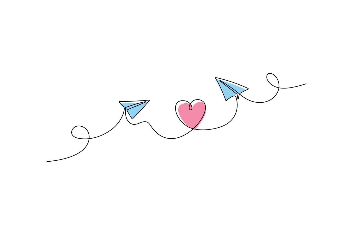 Continuous Single Line Drawing of Paper plane and love symbol Isolated on White Background vector