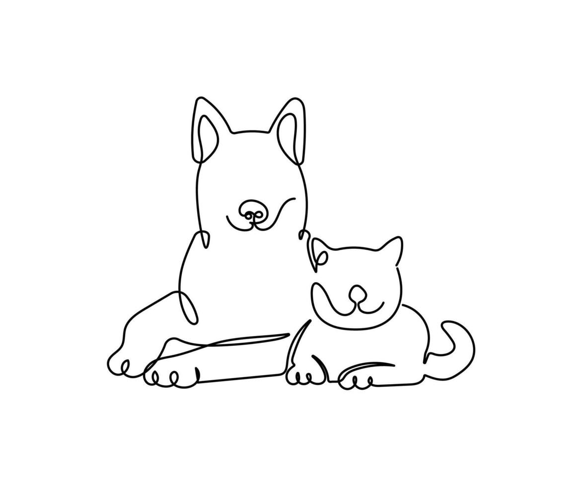 Dog and cat continuous one line drawing. Editable stroke on a white isolated background. Animal illustration vector