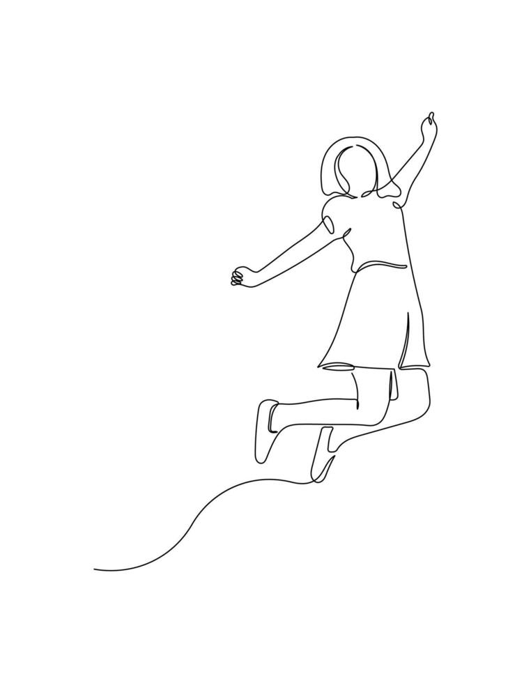 Kid jumping, happy kid jumping for joy in continuous line art drawing style. Black linear sketch isolated on white background. vector